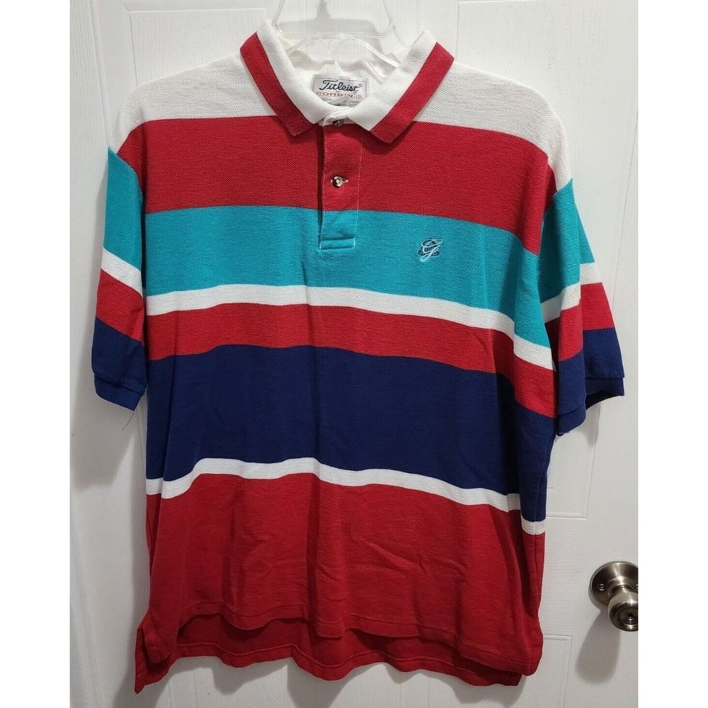 Titleist Corbin Men's Vintage Colorful Stiped Embroidered Golf Polo Shirt XL USA